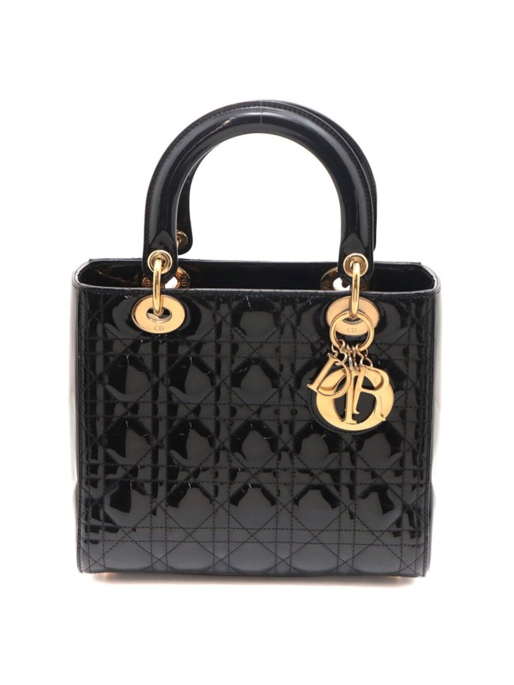 Dior Cannage Lady Dior 2-Way Medium Shoulder Bag Patent Leather Black